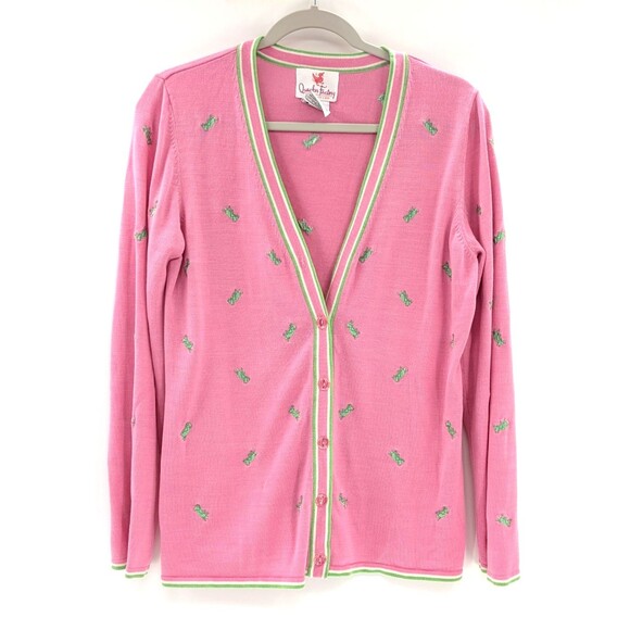Quacker Factory Pink Silk Cotton Green Grasshoppers Cardigan Sweater Size Small - Picture 1 of 8